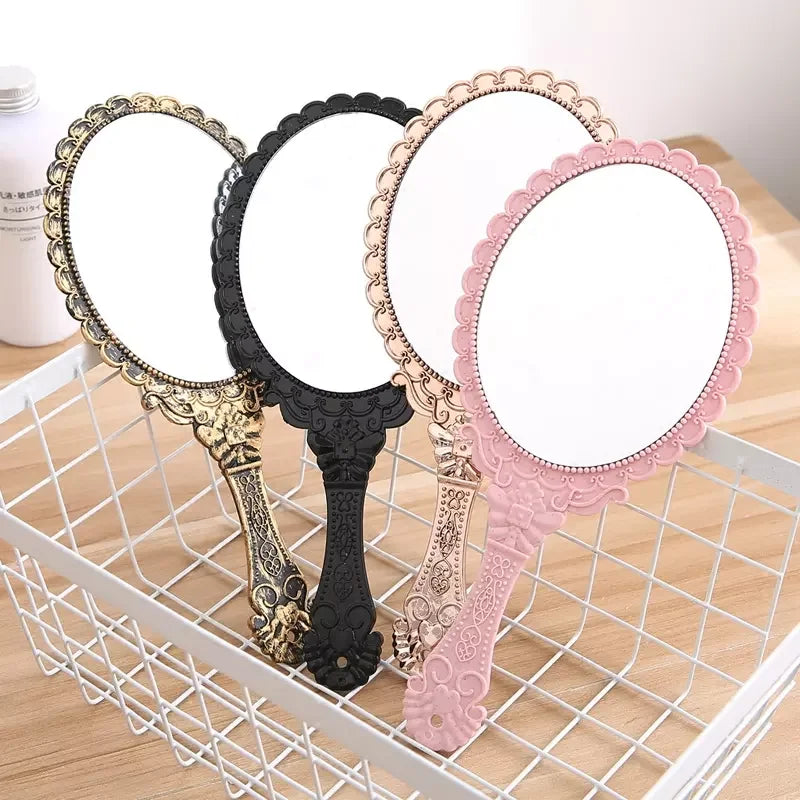 Handle Mirror Plastic Lace Oval Shape Princess Gift Makeup Mirror Portable Metal Hand Held Makeup Mirror