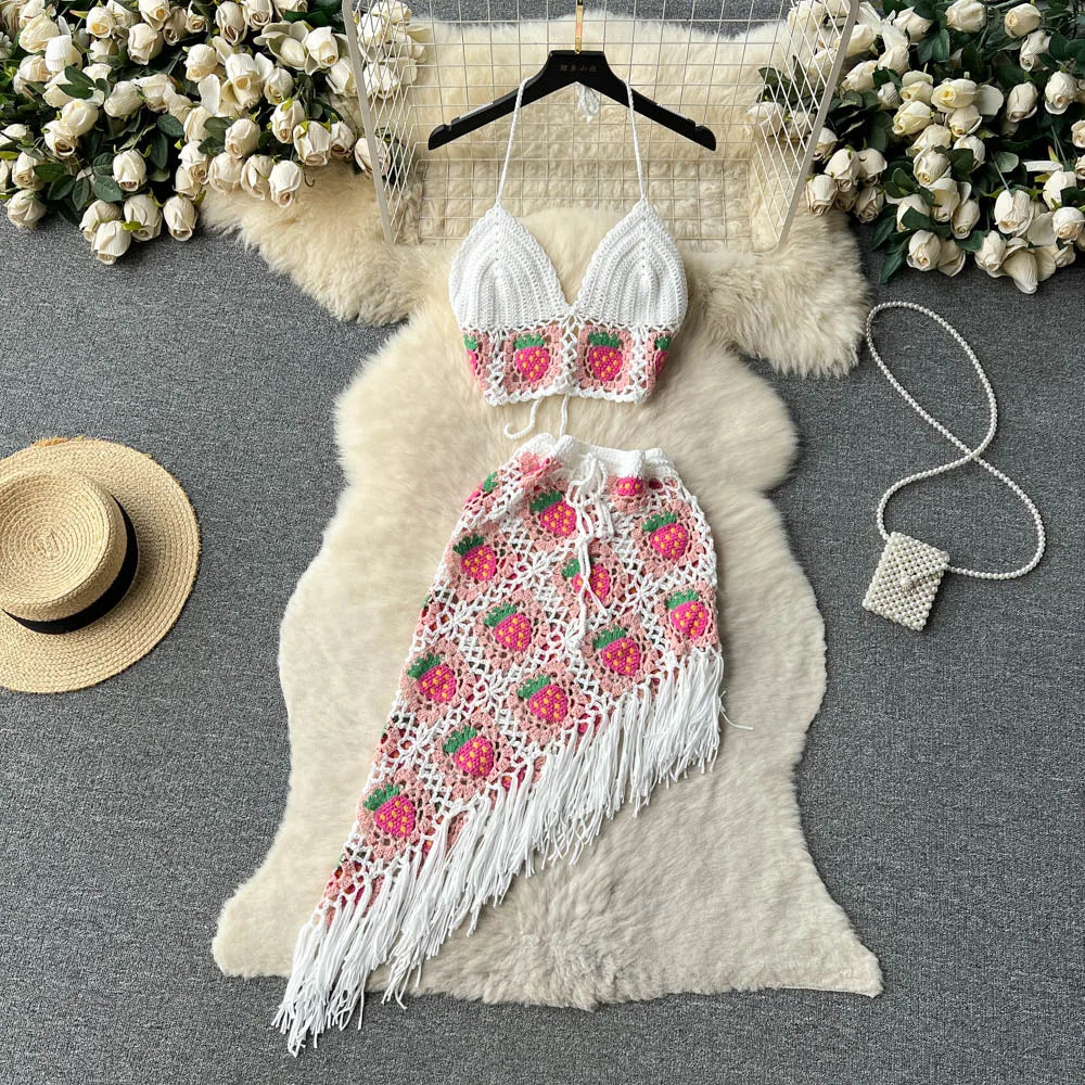Women's Sets Summer Hollow Out Halter Hollow Out Tops High Waist Irregular Vacation Knitting Two Piece Set Clothing Wholesale