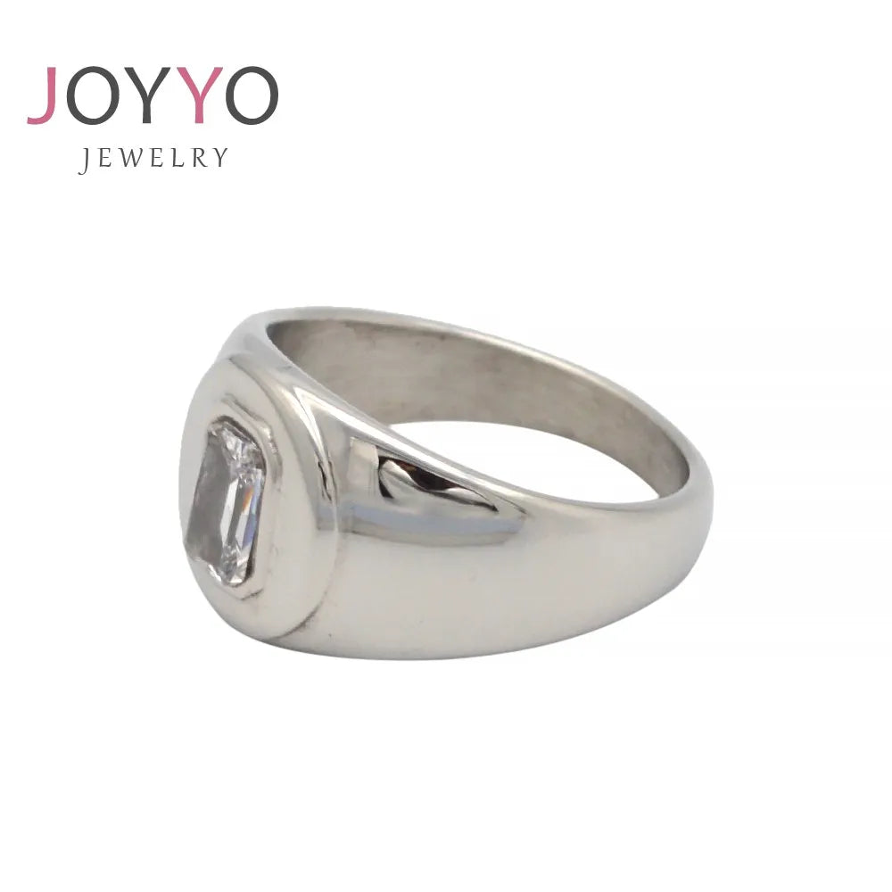 Silver Solid Transparent Crystal Ring Clear Square Stone Ring Designs for Men Women Stainless Steel Jewelry