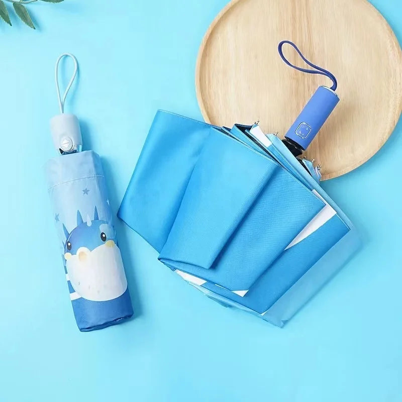 Custom Logo Printing Sky Blue Waterproof Cute Cartoon Design Light 3 Folding Sun Parasol Children Kids Folded Umbrella With Bag