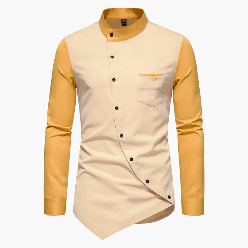 RNSHANGER Vintage Shirts for Men Patchwork Irregular Oblique Button Long Sleeve Mens Dress Shirts Casual Wedding Business Shirt
