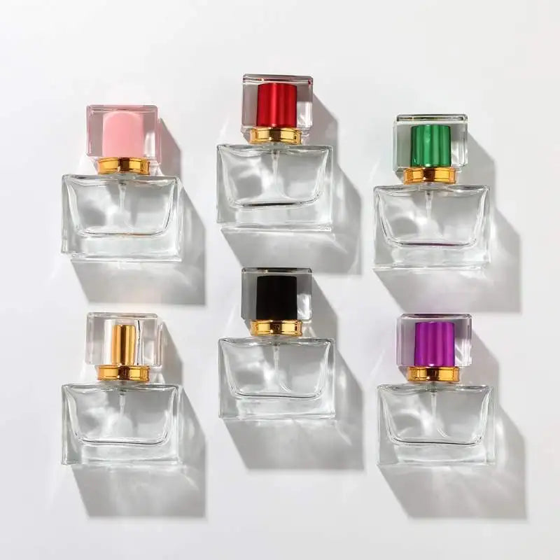 MUB 30ml Square Clear Refillable Glass Perfume Bottles With Colorful Lid Acrylic Cap