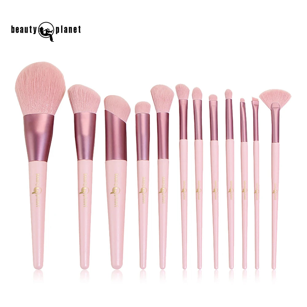Beauty Planet Wholesale Custom Logo Pink 12-Piece Synthetic Hair Wood Handle Makeup Brush Set for Face Eyes Concealer Lip Balm MegaBDM