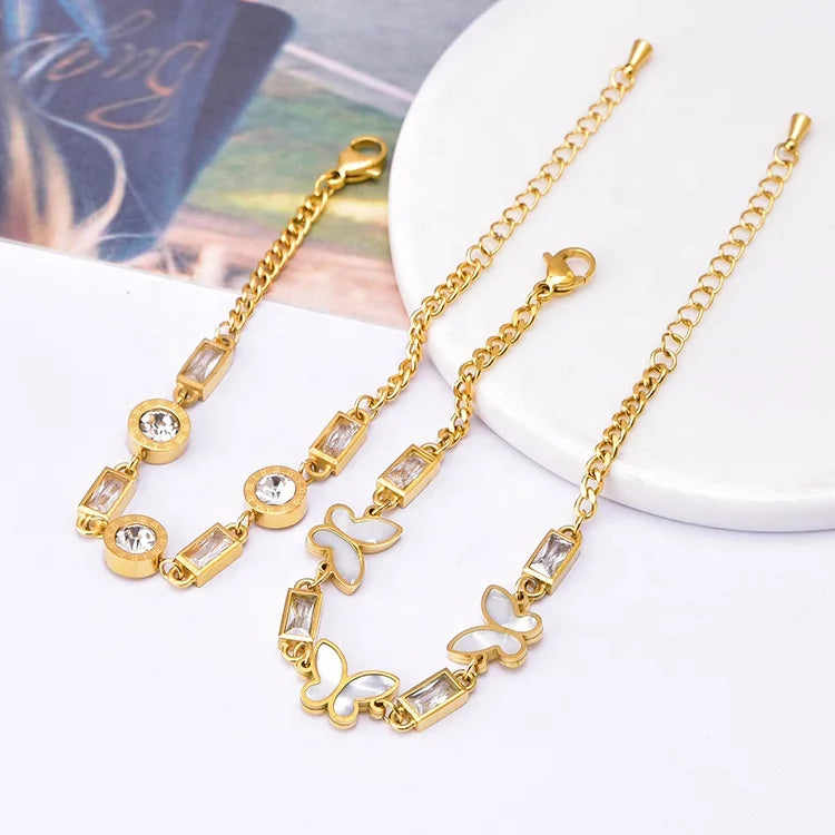 Simple New Trend Fashion Luxury Jewelry Stainless Steel Gold Plated White Fritillaria Butterfly Zircon Women Adjustable Bracelet