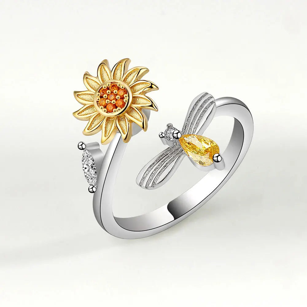 2022 Hot Sale Adjustable Open Zircon Ring Rotating Decompression Ring Fashion Sunflower Bee Ring for Women Girls