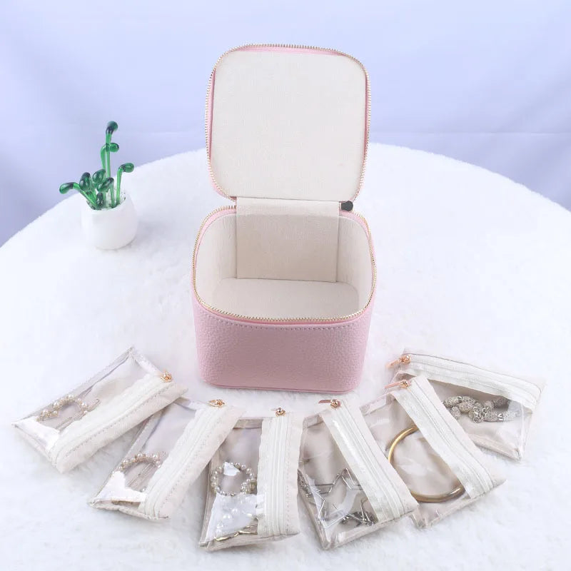 Travel Jewelry Organizer Leather Pouch with Zipper Clear Jewelry Bag 12.5x12.5x9cm for Travel Business Mothers Day Gift Women