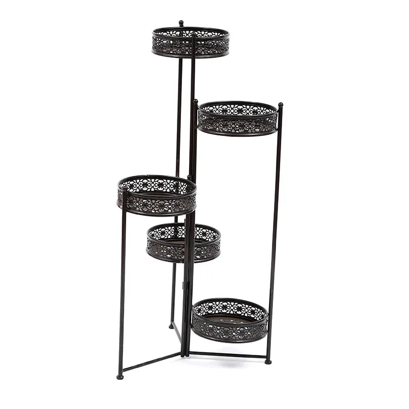 European Folding Wrought Iron Epoxy Coated Flower Stand with Planter & Plant Liner for Modern Stylish Home Garden Decoration