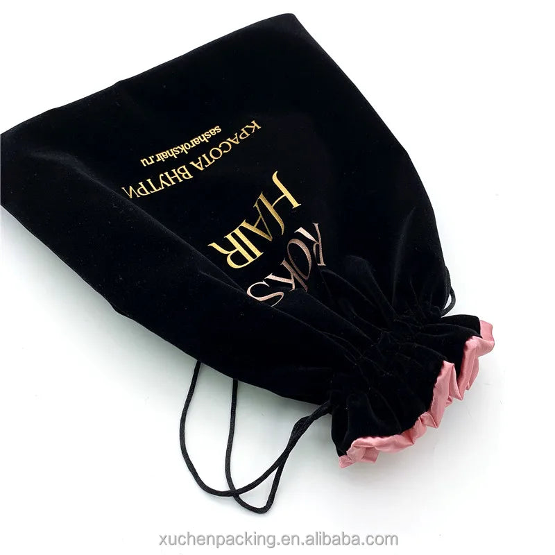 Custom Velvet Tassel Drawstring Bag for Wigs and WeavesSatin Lining Velvet Hair Bundles Bag With Tassel