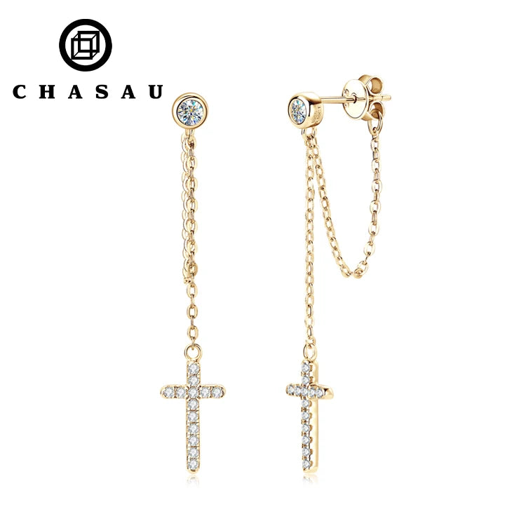 3mm Moissanite Earring 18K Gold Plated 925 Sterling Silver Link Chain Dangle Moissanite Cross Drop Stud Earrings
