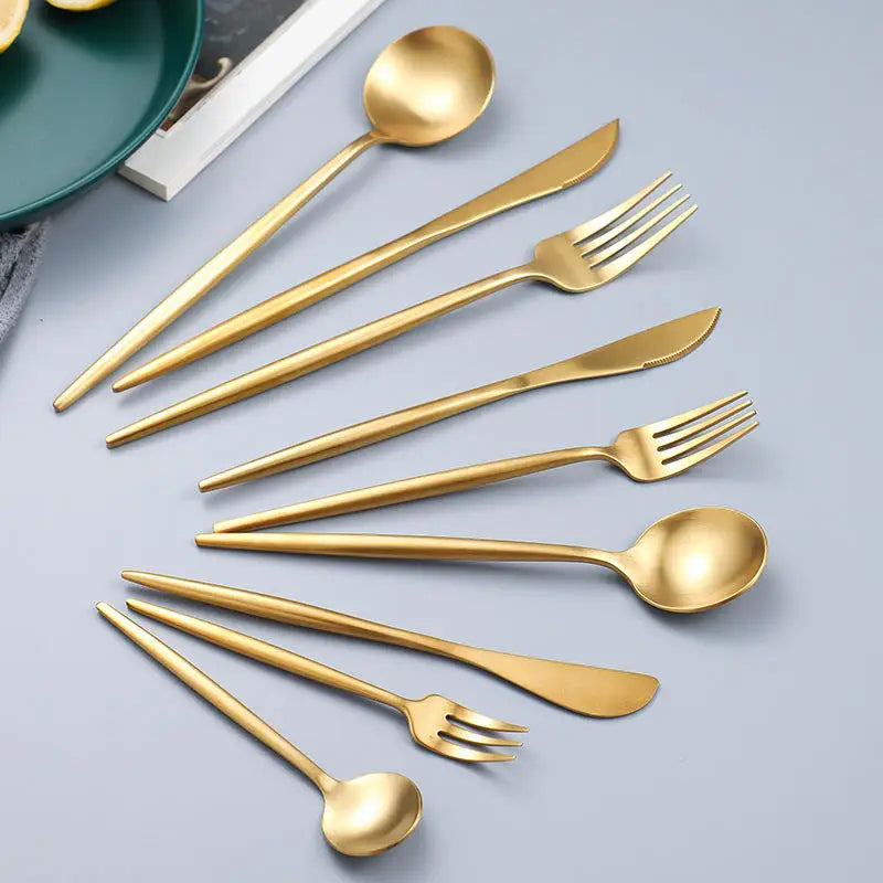 Modern Korean Luxury Bulk Matte Stainless Steel Wedding Thick Heavy Forks Spoon Knife Flatware Portuguese Gold Cutlery Set