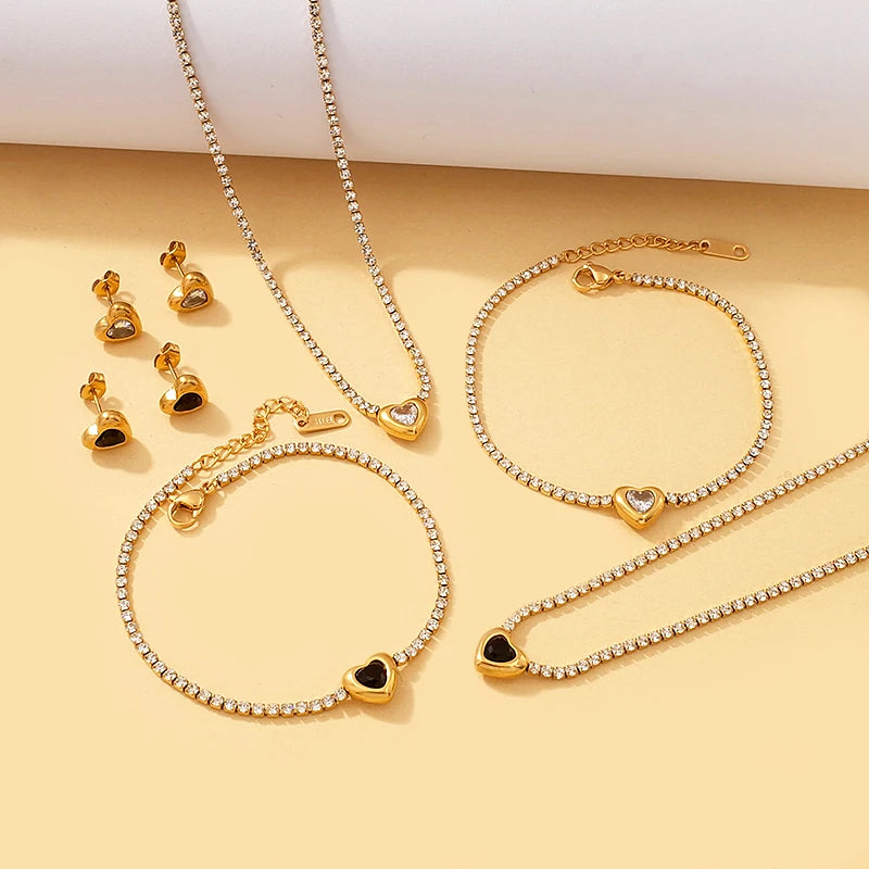 Fashion Stainless Steel Jewelry Wholesale 18K Gold Plated Heart Birthstone Diamond Tennis Chain Necklace Bracelet Earrings Set