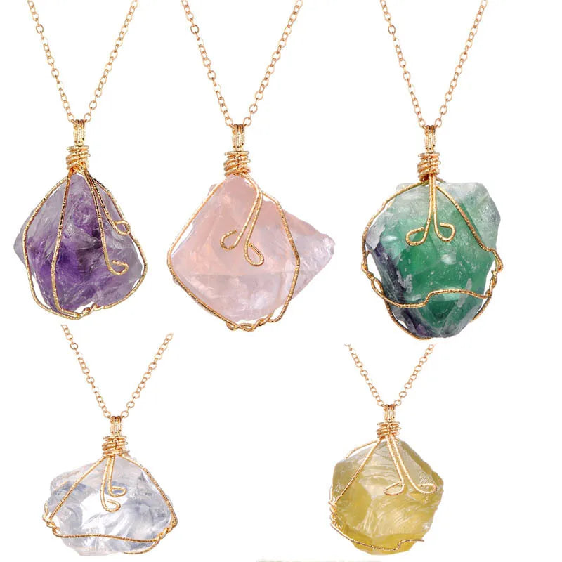 Handmade Wire Wrapped Natural Stone Amethyst Pendant Necklace Healing Big Raw Stone Quartz Crystal Necklace