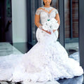 Customized New Style Luxury Elegant Beaded White Lace Ruffle Long Train Wedding Dress