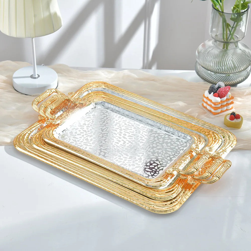 2026 Qian Hu Luxury  Metal Serving Tray Set Gold Plating Elegant Fruit Trays Dishes for Dining Manufactured by Company
