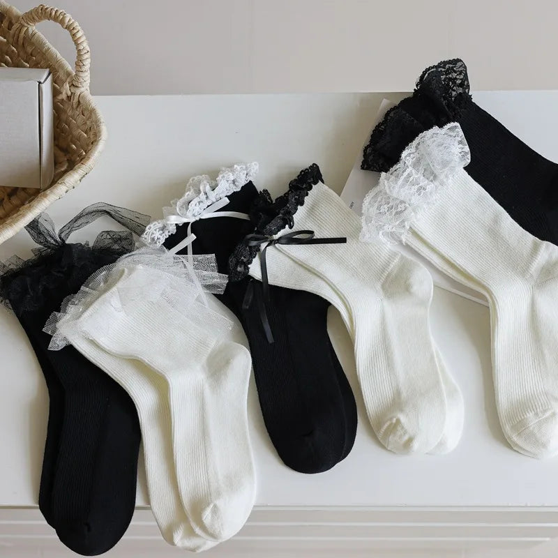 Women's White and Black Cotton Crew Socks with Ruffles and Lace Fashionable Bow Detail Daily Use Wholesale Ribbed Breathable