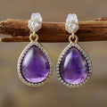 Retro Princess Cut Gold Plated Waterdrop Natural Amethyst Stones Hanging Stud Earrings for Anniversary Jewelry