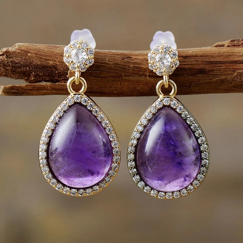 Retro Princess Cut Gold Plated Waterdrop Natural Amethyst Stones Hanging Stud Earrings for Anniversary Jewelry