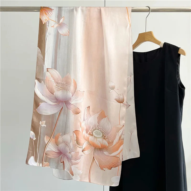Floral Long Silk Satin Scarf Summer Long Silk Mulberry Stylish Wrap Shawl Scarves 170x53cm With Custom Logo
