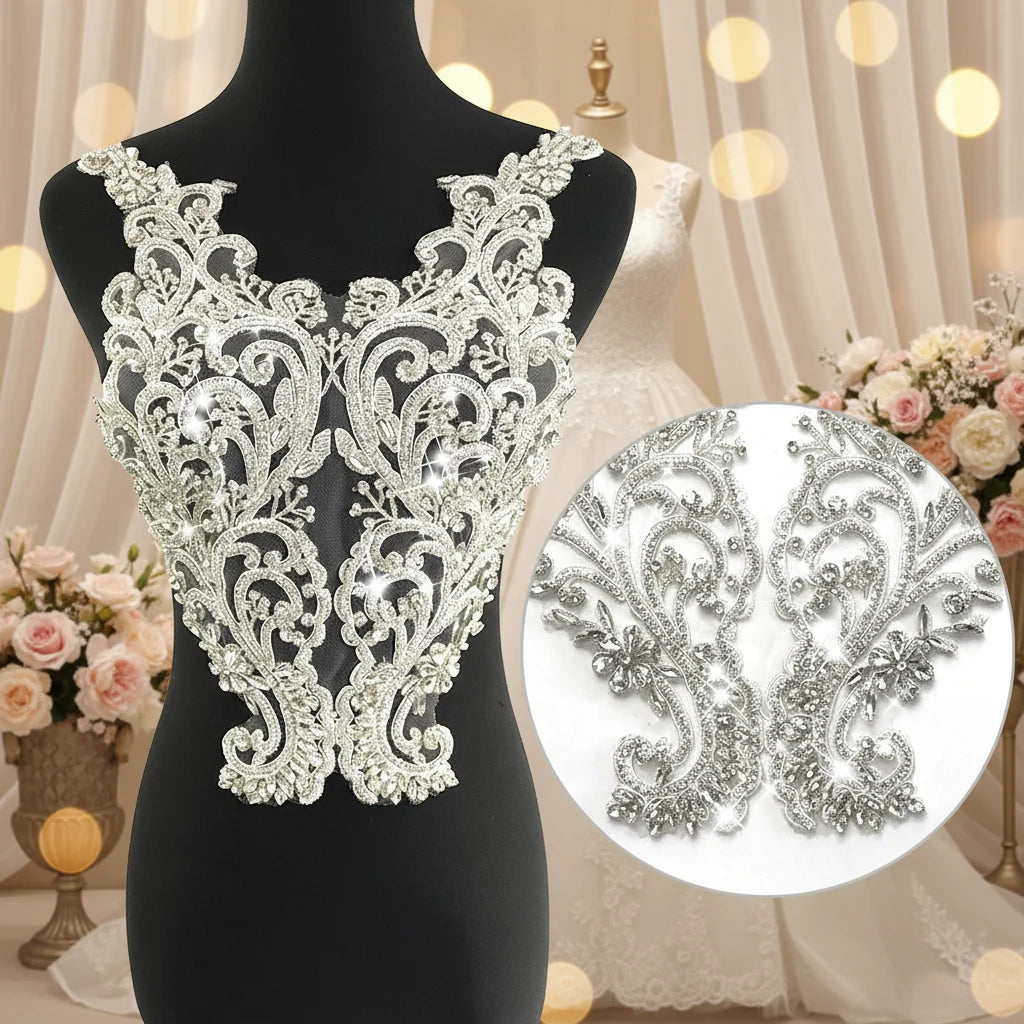 W009 in Stock Rhinestone Crystal Bridal Crystal Sequins Heavy Beaded Fabric Embroidery Patches for Wedding Gowns