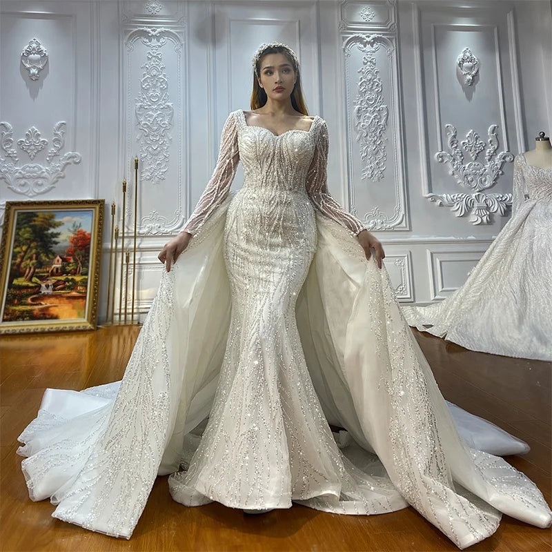 Ns4337 Strength Factory Hot Sale White Detachable Trailing Elegant Beaded Sequin Mermaid Wedding Dress for Women