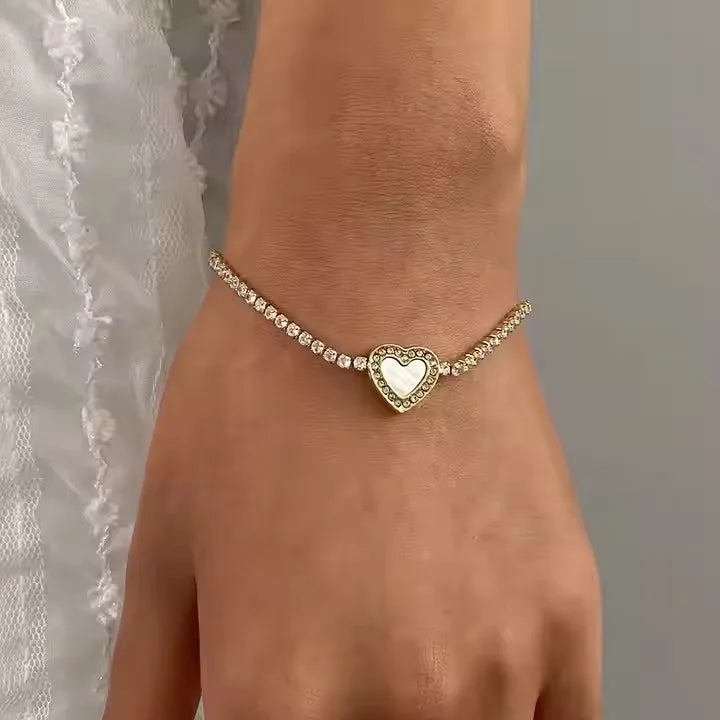 Women's 18k Gold Stainless Steel Tennis Chain Bracelet Diamond Encrusted Zircon Shell Heart Charm Delicate Fashion Accessory