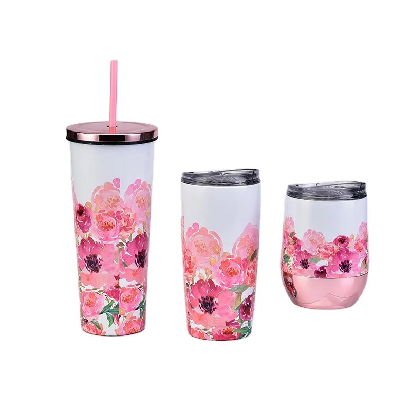 Mother's Day Cup Set 700ML Stainless Steel Vacuum Insulated Straw Tumbler Flower Design Customized Logo Packing Food Grade Safe