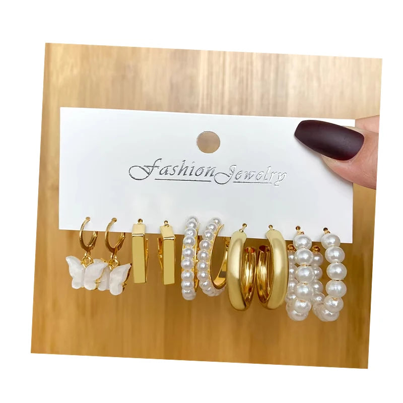 VKME New Fashion Circle Hoop Earrings Set for Women Gold Plated Acrylic Pearl butterfly Knot Pendant Earring Jewelry