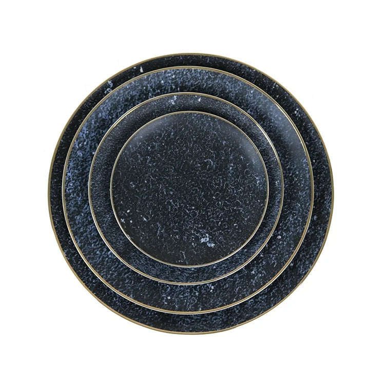 Modern Nordic Bone China Dinnerware Set Unique Black Marble Design Gold Edge Ceramic Plate Eco-Friendly Color Enamel for Home