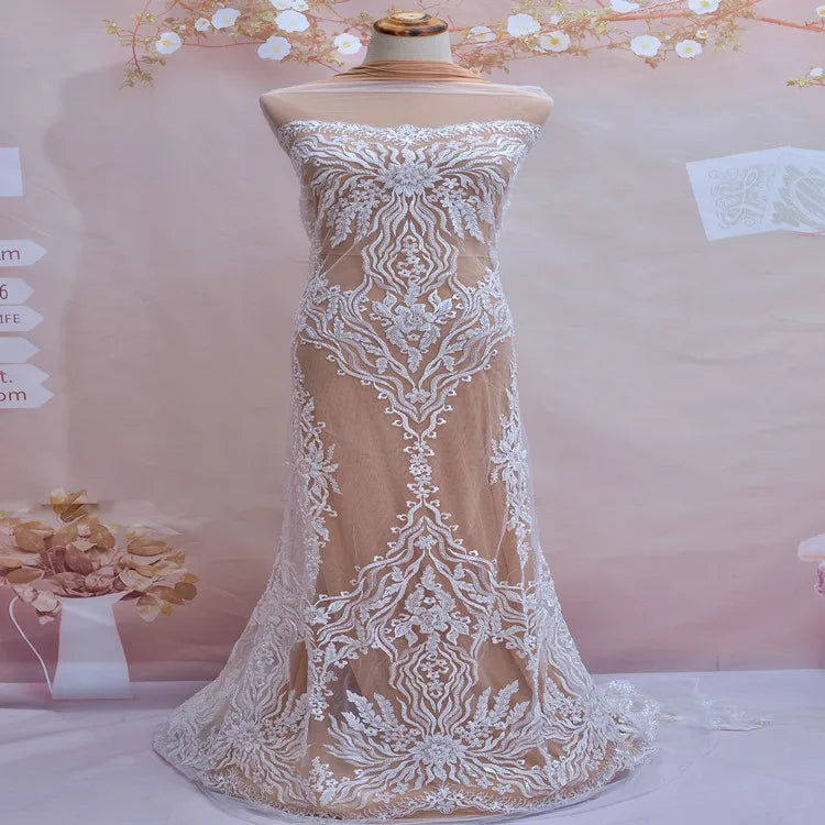 2024 Breathable Bead Tulle Embroidery Mesh Bridal Wedding Dress Swiss Lace Fabric Glitter Tulle Fabric  for Curtain