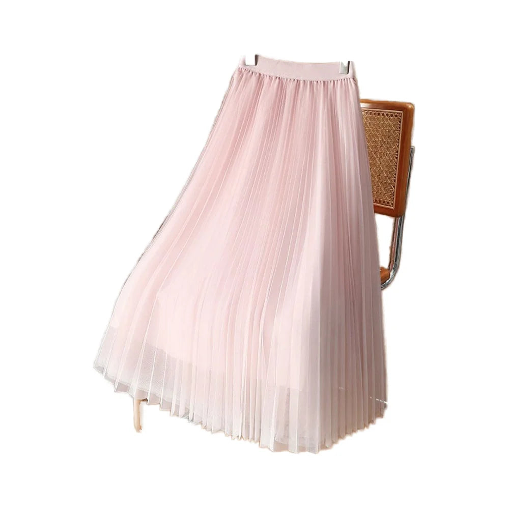 Layered Mesh Gradient Color Pleated Commuting High Waist Slimming Mid Length Skirt