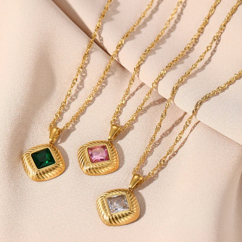 Europe Trendy 14K Gold Plated Pendant Necklace Stainless Steel Colorful Square Zircon CZ Pendant Necklace