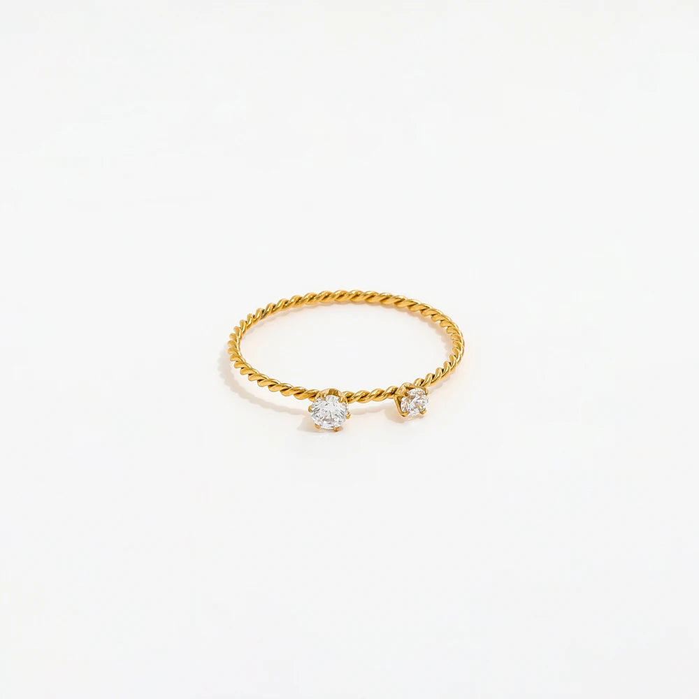 High End 18K Plain Gold Two Zirconia Dainty Rope Rings Stainless Steel Trendy Simple Gold Plated Jewelry
