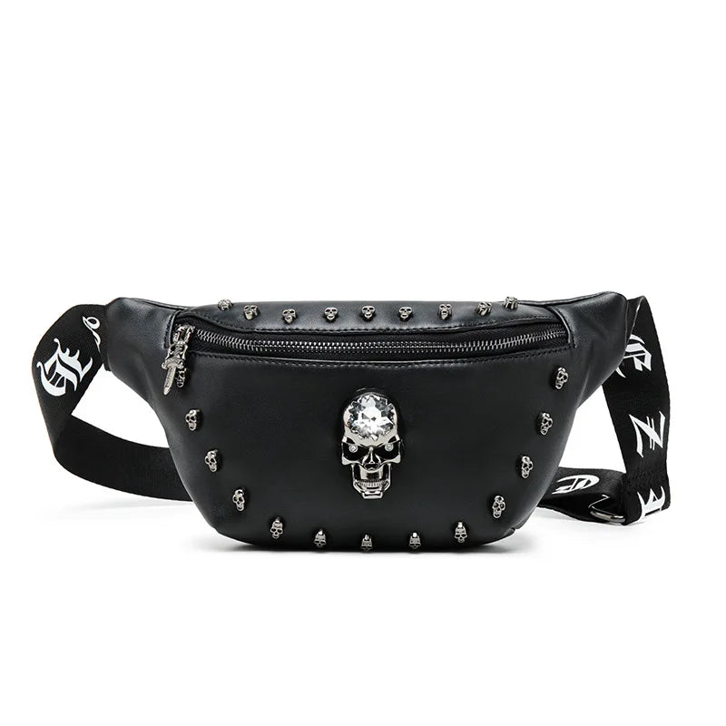 New Products Hip Hop Style Quality PU Leather Motorcycle Men Crossbody Phone Waist Bag Black Studded Fanny Pack