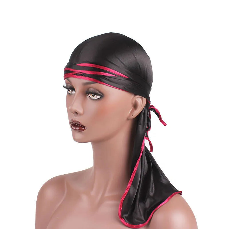 Hot Selling Unisex Silky Binding Sewed Men Doo Rags 360 Waves Extra Long Straps Edge Cover Men Du Rag Satin Silky Durags