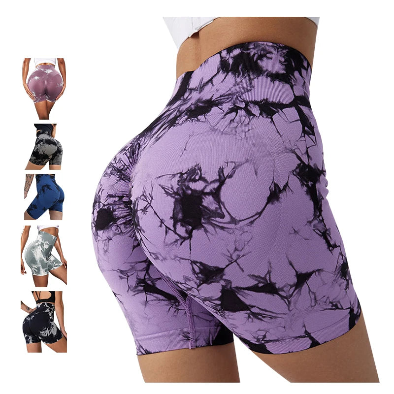 Women's Elastic High Waist Purple Tie-Dyed Yoga Shorts Comfortable Nylon Summer Fitness Gym Clothing Casual Washed Running Short