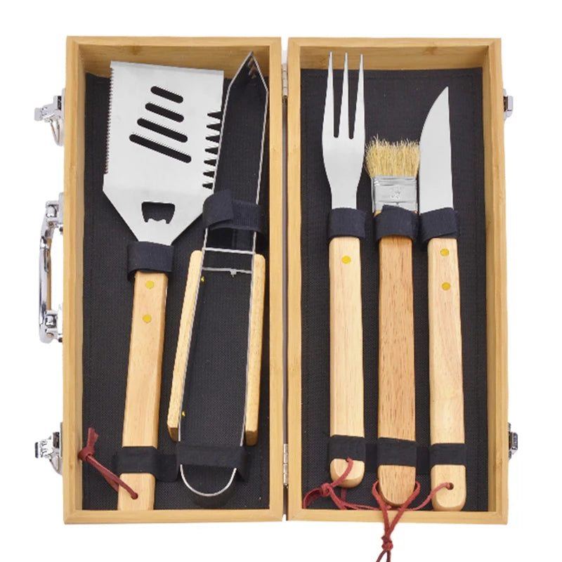 Wholesale Barbecue Grill Accessories Kit 5-Piece Wooden Handle Stainless Steel Non-Stick Heat Resistant Charcoal BBQ Tool Set