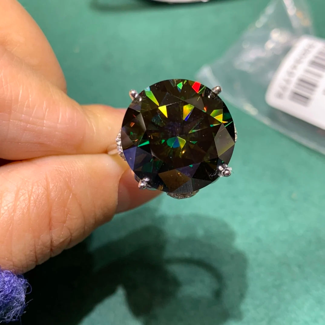 Silver 925 Original Round Brilliant Cut 15 Carat Diamond Test Past Sparkling Green Moissanite Wedding Ring Women Fine Jewelry
