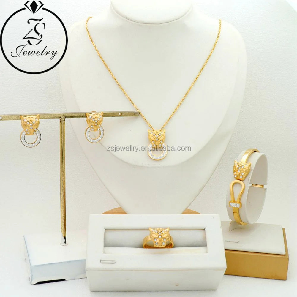 Zircon Fashion Women's Stainless Steel Bracelet 18K Gold Plated Dubai Diamond for Wedding or Party Girls Gift Set