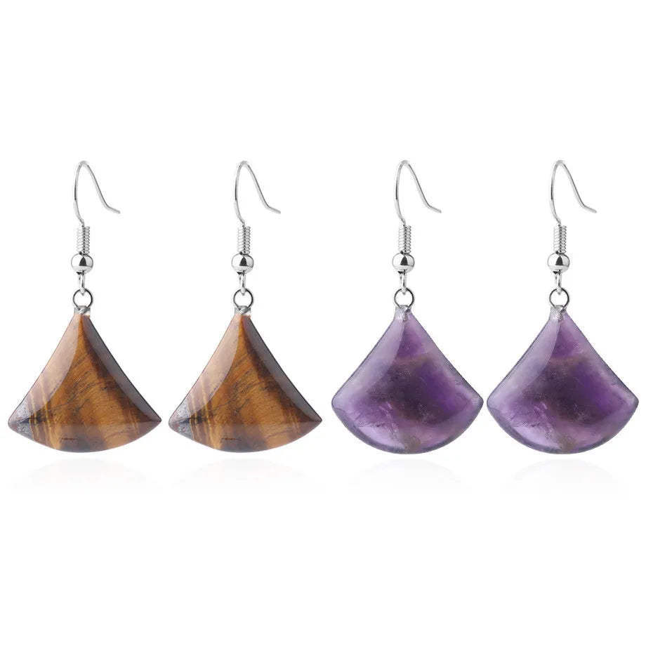 Wholesale Fashion Gemstone Jewelry Natural Stone Crystal Fan Shaped Amethyst tiger Eye Earring Eardrop for Women