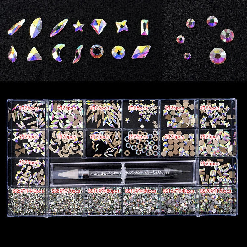 Glass Crystal AB Loose Rhinestone Tool Set for Nails Art & Jewelry Decoration Trendy Flatback Glue-On Mixed Sizes
