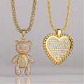 2025 Cute Heart Bear Charm Necklace 18K Gold Plated Brass Necklace Zircon Bear Pendant Sweater Chain Fashion Jewelry for Girls