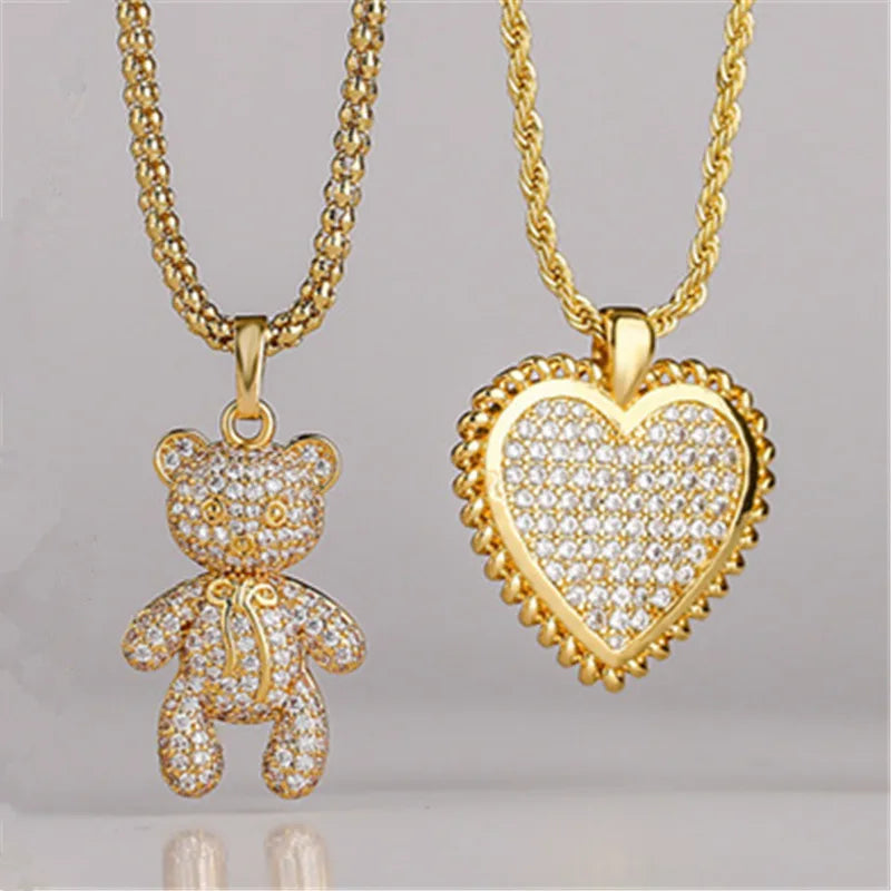 2025 Cute Heart Bear Charm Necklace 18K Gold Plated Brass Necklace Zircon Bear Pendant Sweater Chain Fashion Jewelry for Girls