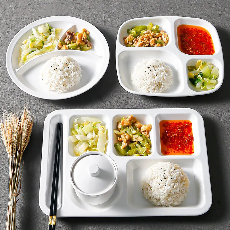 Faux Porcelain Fast Food Plate Four-compartment White Plastic Plate Milamine Rice Plate School Canteen Tableware Wholesale