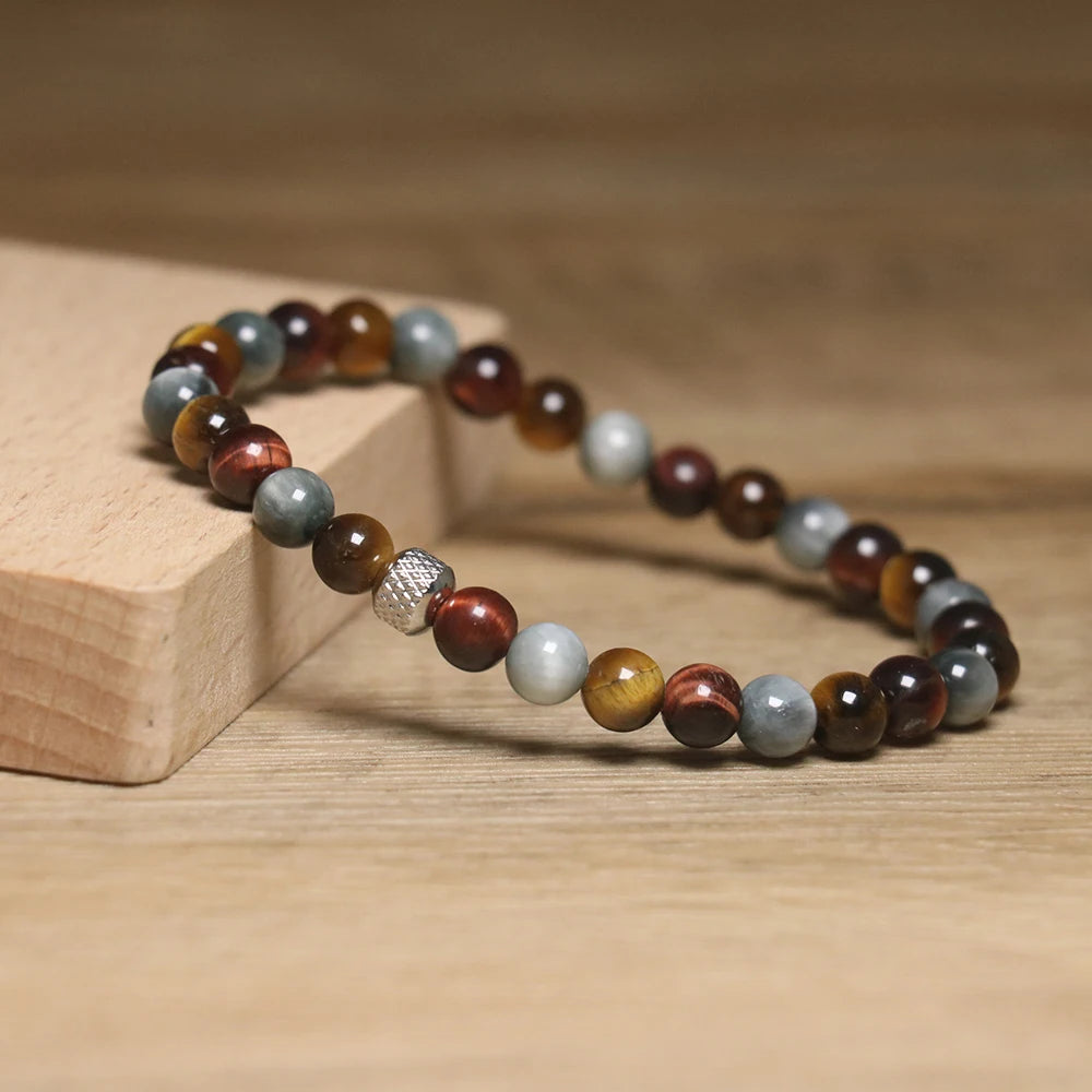 Men's High Quality Stainless Charm Tricolor Tiger Eye 6mm Beaded Bracelet Geometric Natural Stone Gemstone Jewelry for Gift