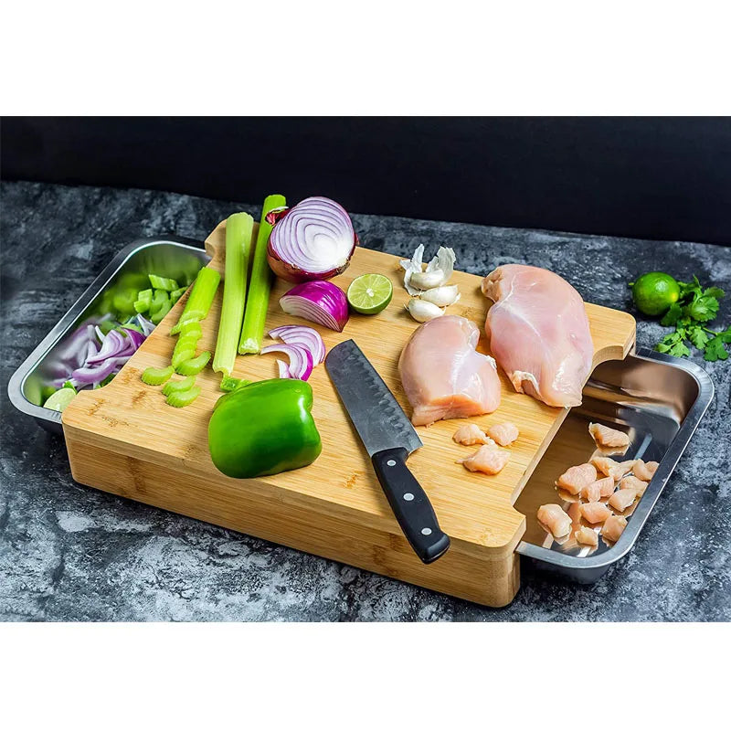 Kitchen Space Saver Eco Friendly Wood Cutting Platter Large Bamboo Cutting Board With 2 Big Slide Stainless Steel Trays