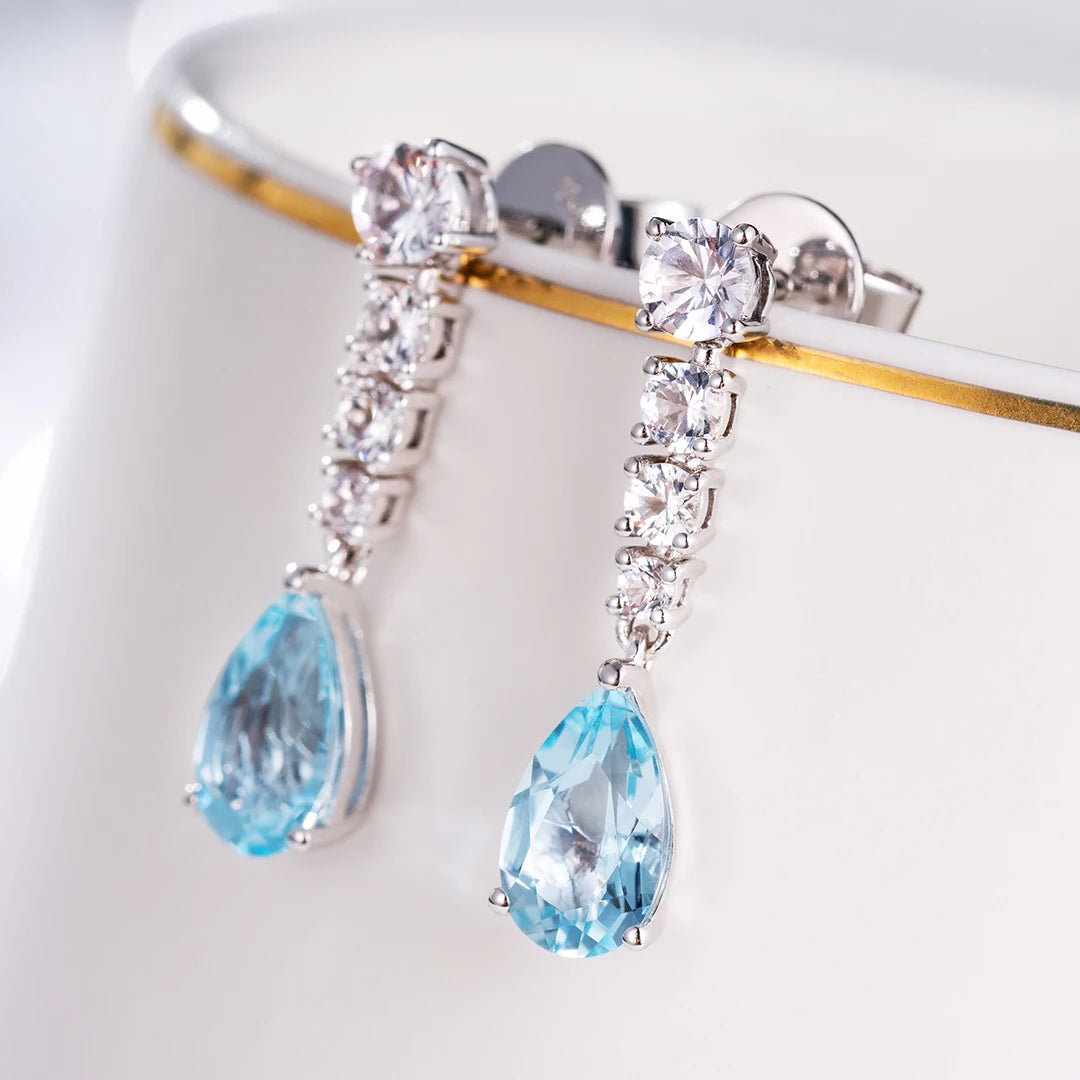Natural Aquamarine Stone Vintage Fashion Gemstone Solid 18k Gold Diamond Jewelry Drop Earrings for Women Girls