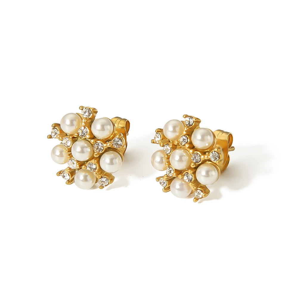 Customized French Design Stainless Steel 18K Gold Plated Full Cubic Zircon Diamond Pearls Charms Stud Earrings for Anniversary