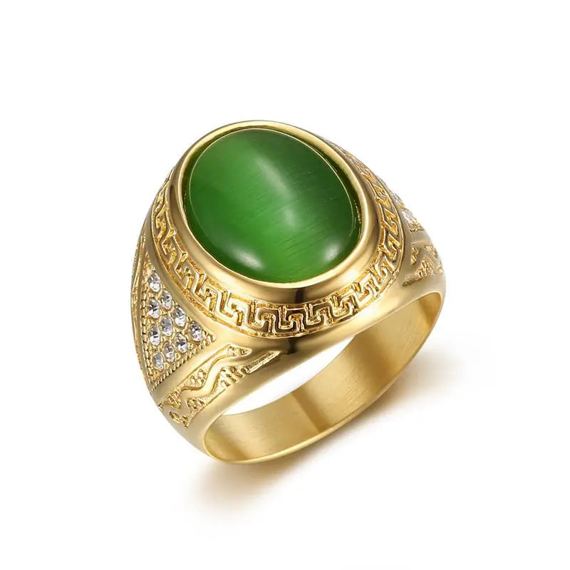 New Men's HIPHOP Gold-Plated Opal Ring Titanium Steel Classic Style Stainless Steel Jewelry for Gift or Party