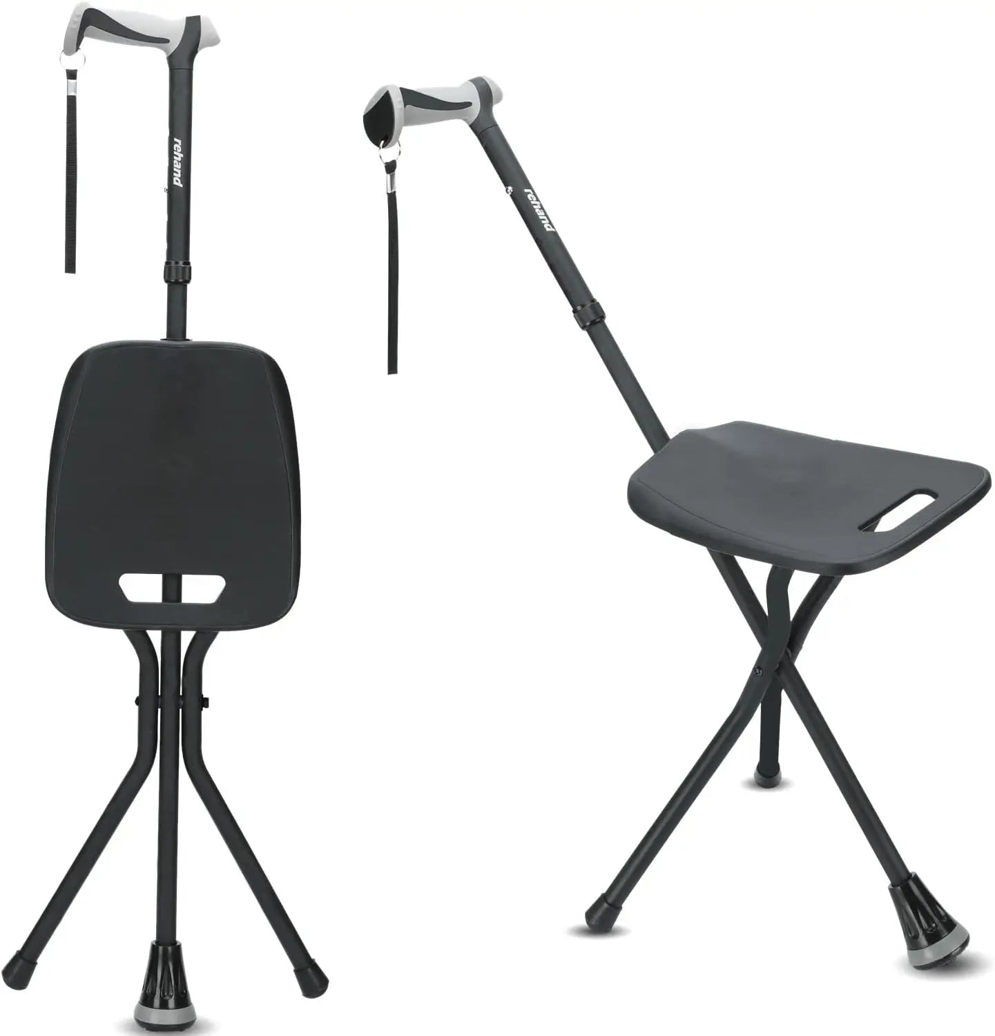 Rehand Portable Folding Aluminum Alloy 3 Legs Cane Adjustable Outdoor Black Chair with Seat