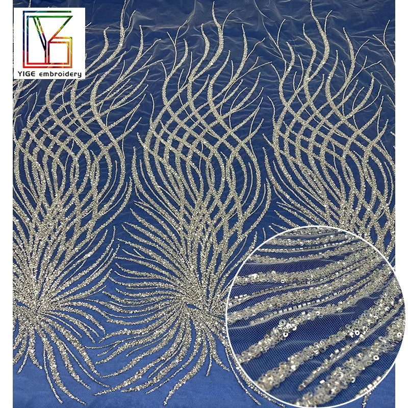 French Wedding Sequins Beaded Bridal Embroidery Lace Fabric Luxury High Density Beads Tulle Net Lace Fabric for Evening Dresses